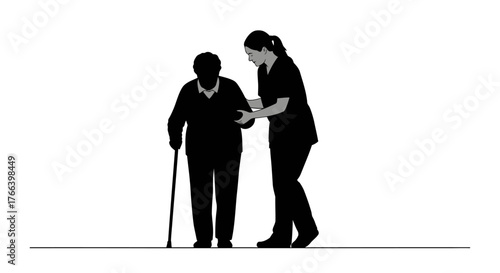 Caring nurse gently assists elderly patient with walking stick, promoting independence and well-being in healthcare settings.