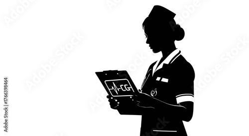 Dedicated nurse reviewing vital signs on clipboard with ECG graphic, symbolizing care and medical expertise in a clean, modern aesthetic