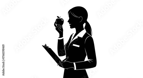 Professional nutritionist holding apple and clipboard, offering healthy lifestyle guidance and dietary advice for wellness