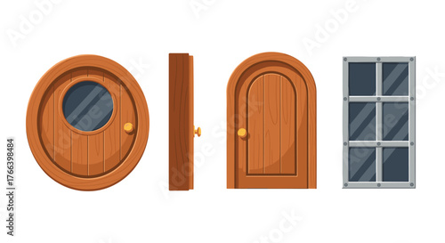 Whimsical wooden doors and window set for enchanting designs, perfect for fairy tales and children's illustrations adding a magical touch to your project