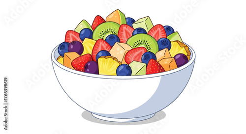 Vibrant bowl of fresh fruit salad with strawberries, kiwi, pineapple, melon, and blueberries for healthy eating campaigns and wellness promotions
