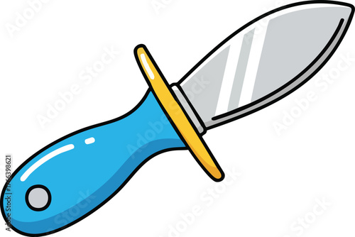 Stylized Blue Handled Oyster Knife with Silver Blade and Yellow Guard Simple Icon