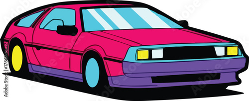 Retro Style Sports Car in Pink and Purple With Yellow Accents and Cyan Windows