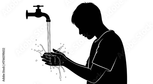 Young child washes hands under running water, emphasizing hygiene and health awareness in a simple, clean graphic style.
