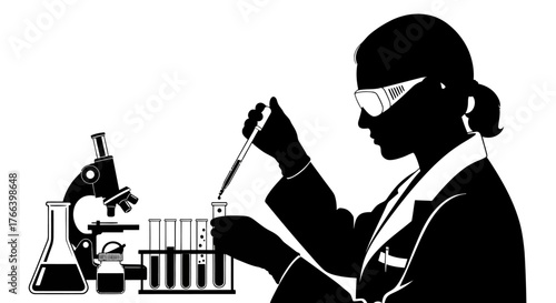 Scientist meticulously conducts experiment with pipette and test tubes, microscope nearby, embodying dedication to discovery and innovation in a modern lab setting.