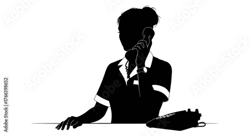 Professional businesswoman expertly handling client calls on retro telephone, embodying efficient communication and service.