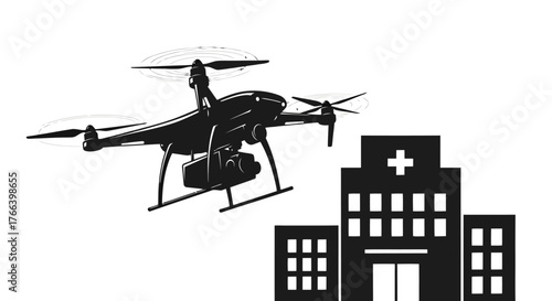 Innovative drone delivers medical supplies to modern hospital, symbolizing future healthcare logistics and rapid response solutions.