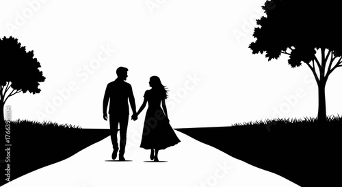 Cherished couple holding hands walking on a path through a misty, serene landscape, embracing everlasting love and peaceful moments together.