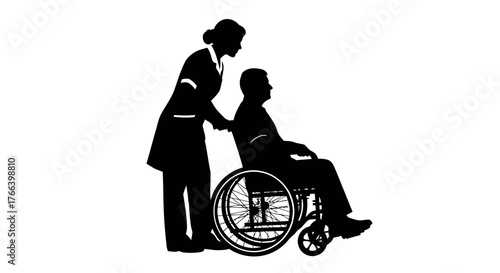 Caring nurse gently pushes elderly man in wheelchair, symbolizing compassion and dedicated healthcare support