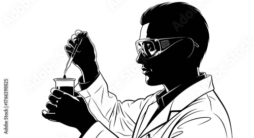 Focused scientist meticulously conducts chemical experiment, wearing safety goggles and lab coat, capturing scientific discovery and innovation.