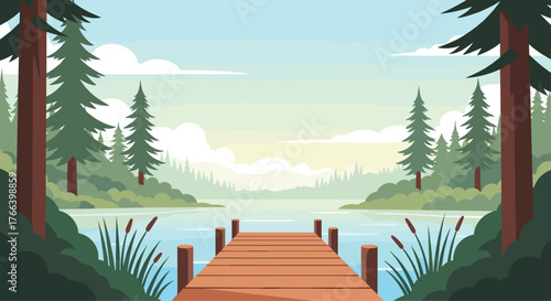 A serene lakeside retreat with a wooden pier, perfect for nature lovers seeking tranquility and peaceful moments in lush green forests