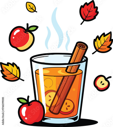 Warm Apple Cider With Cinnamon Stick and Sliced Apples Surrounded By Autumn Leaves And Fresh Apples