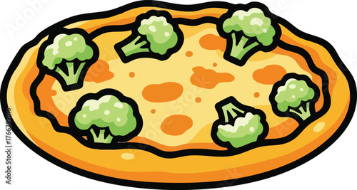 Whole Broccoli Pizza With Golden Crust and Yellow Sauce Isolated On White Background