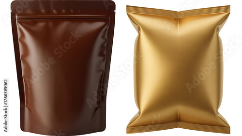 Brown and gold foil packaging bags isolated on transparent background