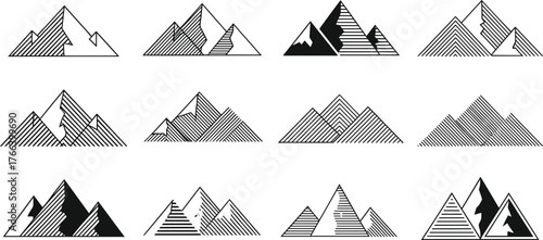 Mountain range illustration set, black and white landscape vector, stylized peak design, line art texture, graphic nature silhouette, minimal terrain concept