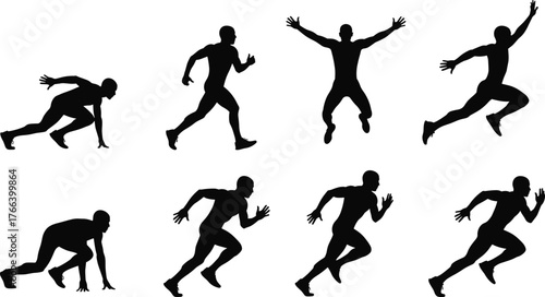 Running silhouette vector, sprint motion sequence, athletic figure illustration, sports movement design, black runner clipart, dynamic posture icons, speed training art