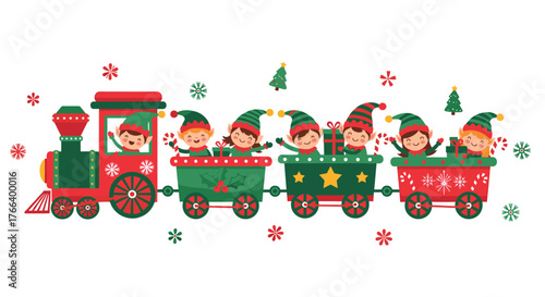 Cheerful elves riding a Christmas train bring holiday joy and festive cheer to your designs for cards, invitations, and seasonal promotions