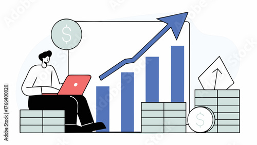 A modern flat illustration of a young person sitting on gold coins, working on a laptop surrounded by cash, charts, and symbols of growth. A bright, business-themed design symbolizing success and inve