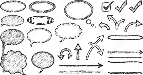 Collection of diverse hand-drawn black arrow doodles and various design elements 
