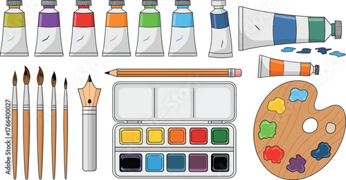 Artist painting tools and drawing equipment mega set in flat design. Vector bundle of watercolor paint tubes, brushes, pencils, artist palette,