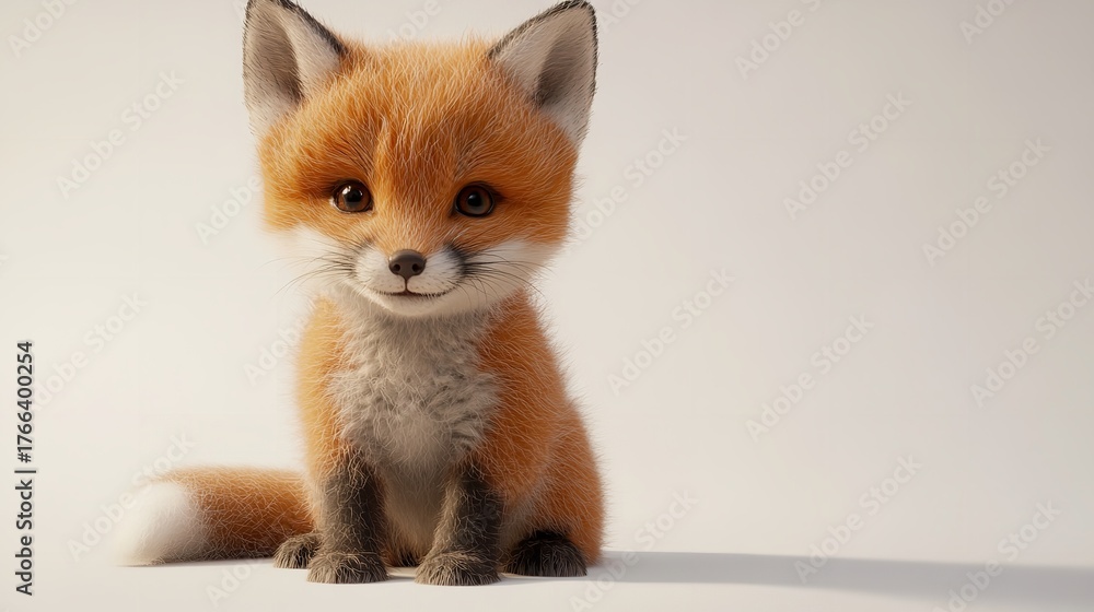 Obraz premium A charming fox cub sitting upright with its fluffy tail visible against a plain white background