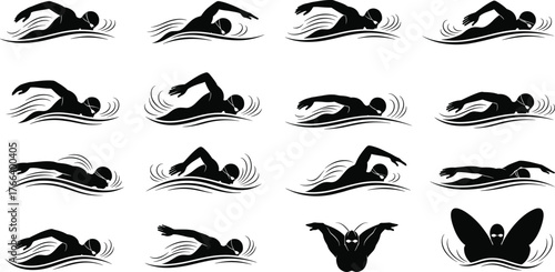 Swimming stroke silhouette set, black vector swimmer poses, freestyle backstroke breaststroke butterfly styles, water motion illustration, competitive swim technique design