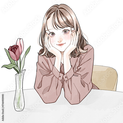 Fotografie 両手で頬杖をつく女性