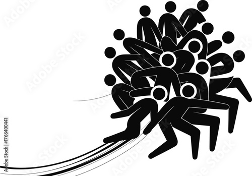 Dynamic abstract silhouette network representing teamwork, unity, and collective movement in modern design