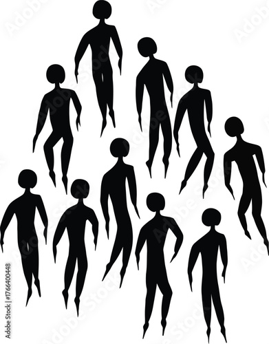 Minimalist abstract composition of dynamic human silhouettes symbolizing unity, diversity, and collective movement