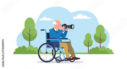 Inspiring senior man in wheelchair capturing nature's beauty with professional camera in scenic park setting, embracing photography passion outdoors