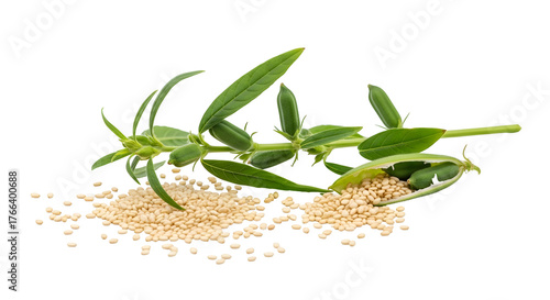 Sesame plant with seeds and green leaves isolated on transparent background for healthy eating and cooking