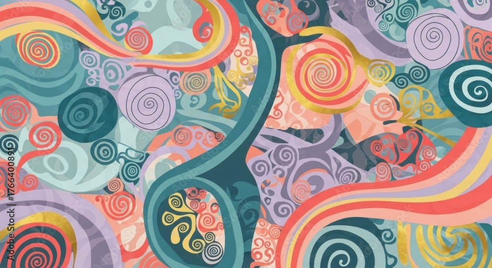Fototapeta premium A colorful, abstract pattern with swirls and waves in pastel colors, set against a gradient background.