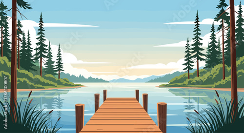 Stunning lake view from wooden pier surrounded by lush trees and gentle mountains at sunset perfect for travel and nature content
