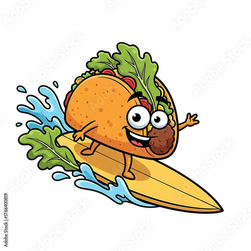 Funny Cartoon Taco Riding A Surfboard Isolated On White Background