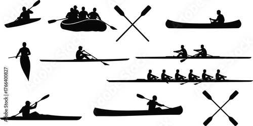 Water sports silhouette set, kayaking canoeing rowing vector, black icon collection, paddling technique illustration, outdoor activity graphic, sport motion design