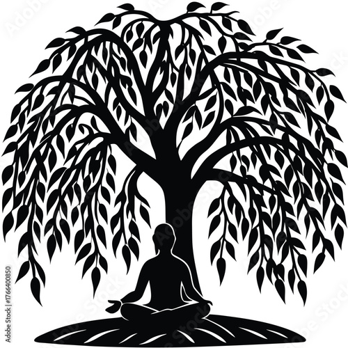 Black silhouette of a willow tree with long hanging branches. Ideal for nature and wellness designs, meditation themes, poetic artwork, eco branding, minimalist logos, and calm landscape illustrations