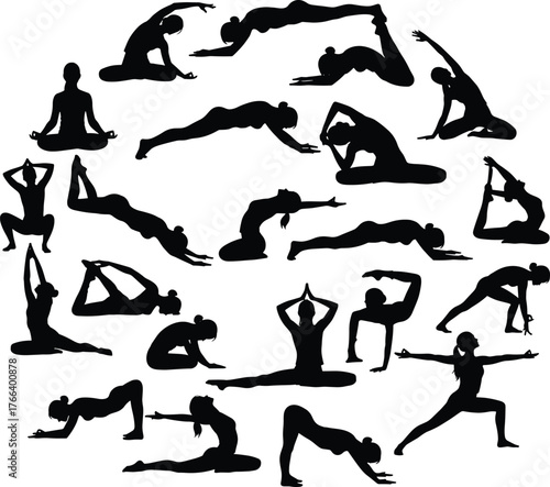 Yoga silhouette poses, meditation vector design, yoga flexibility illustration, wellness and balance artwork, yoga practice icons, fitness and mindfulness concept