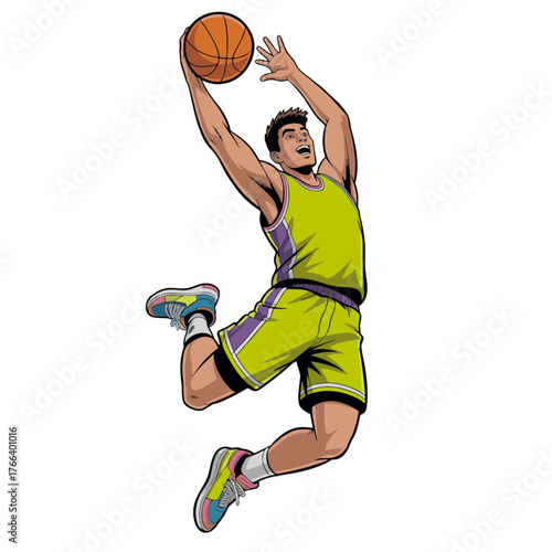 A cartoon athlete performing a powerful slam dunk mid-air