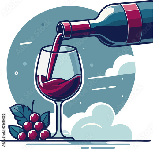 Red Wine Pouring Into Glass with Grapes Vector – Modern Flat Illustration, Wine Beverage Art