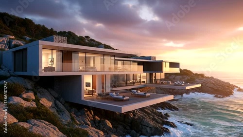 Modern coastal home perched on rocky cliffs at sunset, showcasing stunning ocean views