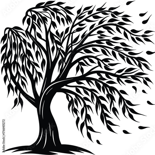 Black silhouette of a willow tree with long hanging branches. Ideal for nature and wellness designs, meditation themes, poetic artwork, eco branding, minimalist logos, and calm landscape illustrations