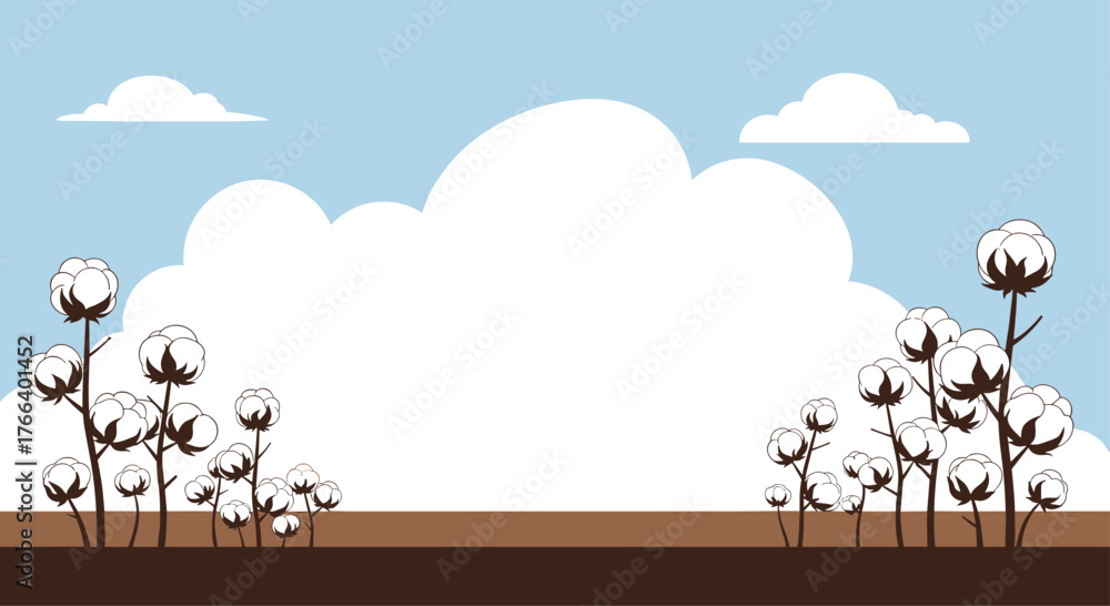 Obraz premium Delightful cotton field under a bright blue sky offers a serene and natural backdrop for textile and agricultural projects, perfect for designers