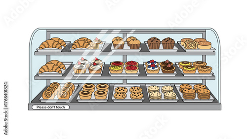 Bakery display case filled with various pastries and desserts  