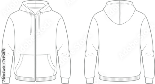 Blank hoodie sweatshirt front and back view, zip up hooded jacket template, fashion mockup, clothing design vector, apparel illustration outline