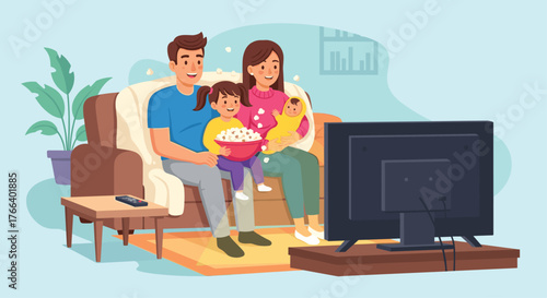 Cheerful family enjoying movie night with popcorn and a baby in a cozy living room, creating precious memories and moments of togetherness