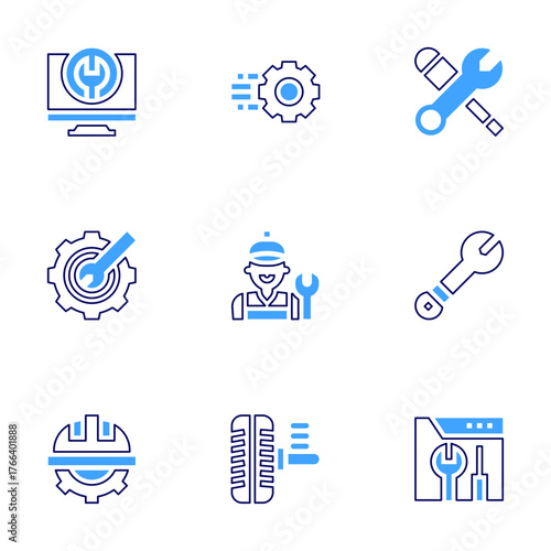 Repair icon set. Bold line style. Duotone colors. Editable stroke. settings, computer, mechanic, tools, suspension, wrench, repair, helmet