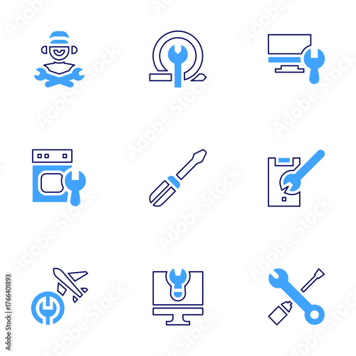 Repair icon set. Bold line style. Duotone colors. Editable stroke. tv, repair, mobile, technician, screwdriver, wrench, dryer, fix, plane