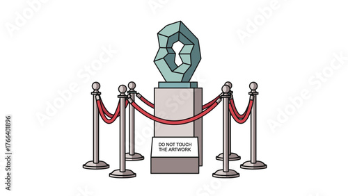 Abstract sculpture on display with ropes and sign saying "do not touch"  