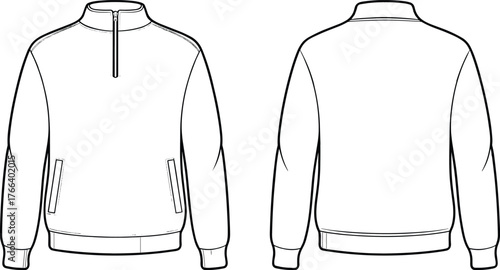 Blank half zip sweatshirt front and back view, fashion design template, vector apparel mockup, casual pullover jacket outline, minimalist clothing illustration