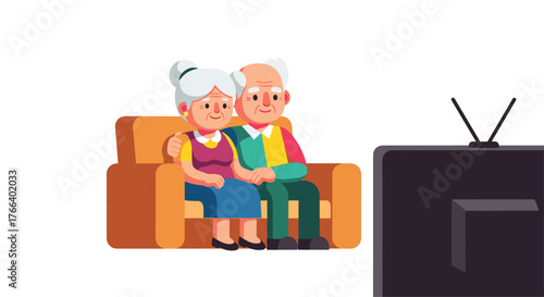 Adorable senior couple relaxing together watching TV in their cozy home, enjoying retirement years with love and companionship, creating lasting memories